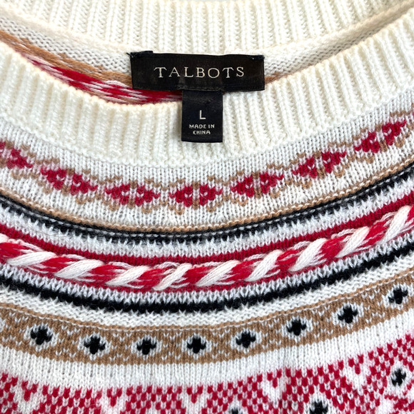 Talbots Women's Sz L Lambs Wool Blend Sweater Fair Isle White Red - Picture 3 of 10